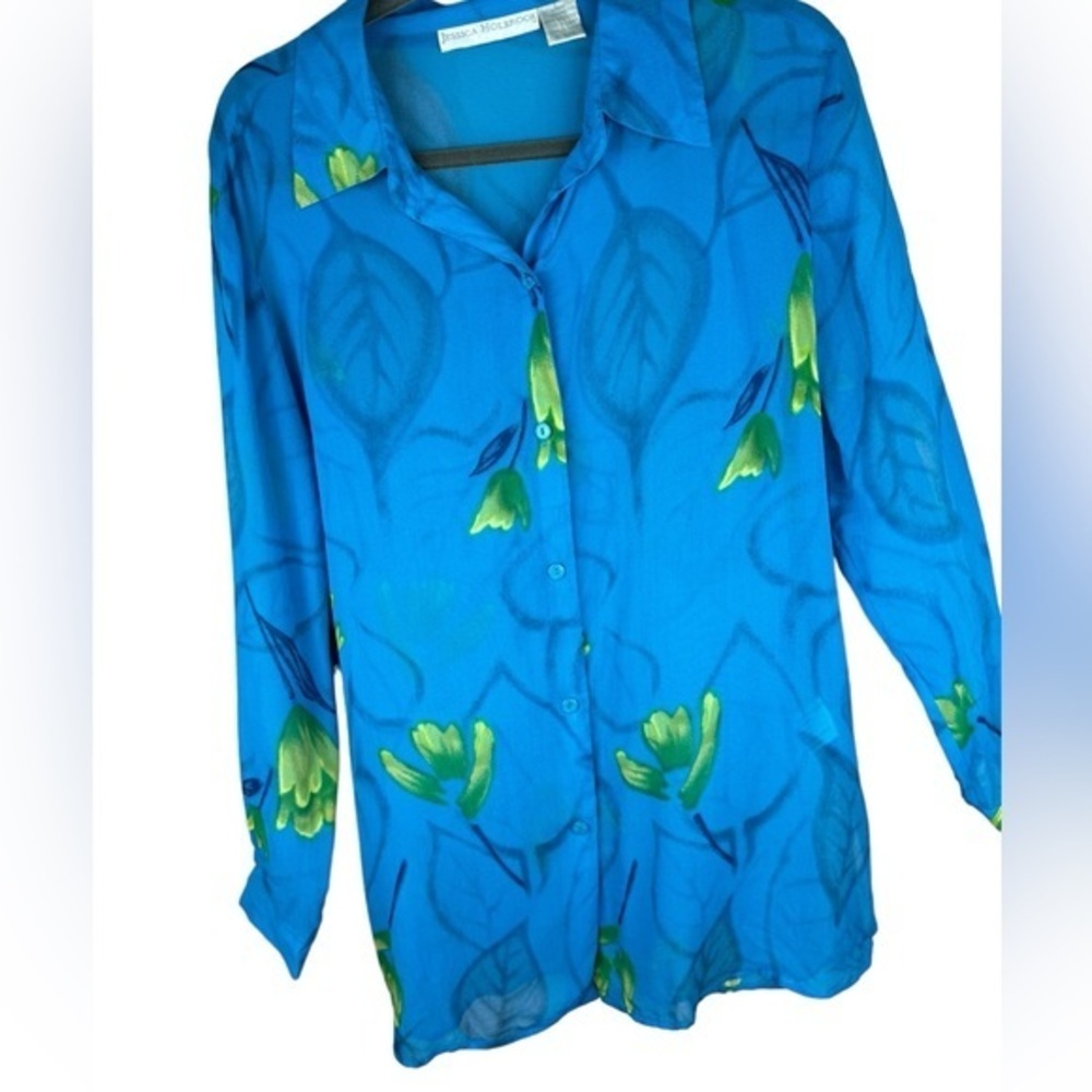 Jessica Howard women’s blue yellow silk button up long sleeve shirt size Medium